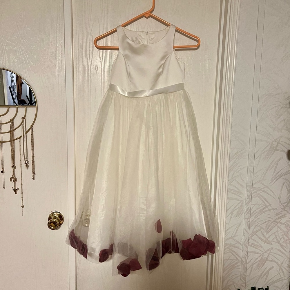 David's Bridal Ivory and Burgundy Petal Dress